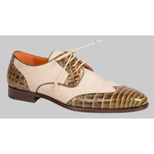 Mezlan "Nola" Olive / Bone Genuine Crocodile / Linen Wingtip Oxford Shoes 4225-F.